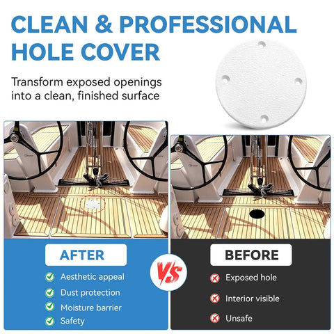 Slick Marine Deck Patch Round Access Hole Cover 4-1/8 Inch shown capping an exposed hole on a boat deck for a clean look.