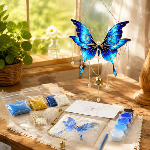 Butterfly Wind Chime Craft Kit In Blue Acrylic Base With Upright Metal Wire, No-Brainer Beginner-Friendly Sand Art Set For Easy Pattern Building And Color Blending, Create Unique Home Decor Or Gift, blue butterfly chime kit with sand