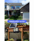 Solar Led Outdoor Garden Flood Light installed on a house and pergola, showcasing its IP67 waterproof design for outdoor use.