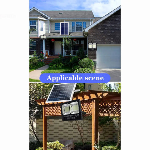 Solar Led Outdoor Garden Flood Light installed on a house and pergola, showcasing its IP67 waterproof design for outdoor use.