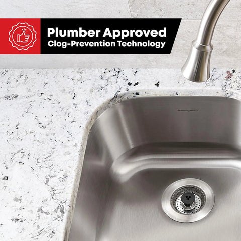 Clog Free Stainless Steel Sink Strainer With Raised Center Cylinder For Maximum Water Flow, shown in a kitchen sink