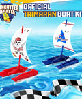 Trimaran Race Boat Kit for Raingutter Regatta, red and blue boats with pirate and wind racer sails in water
