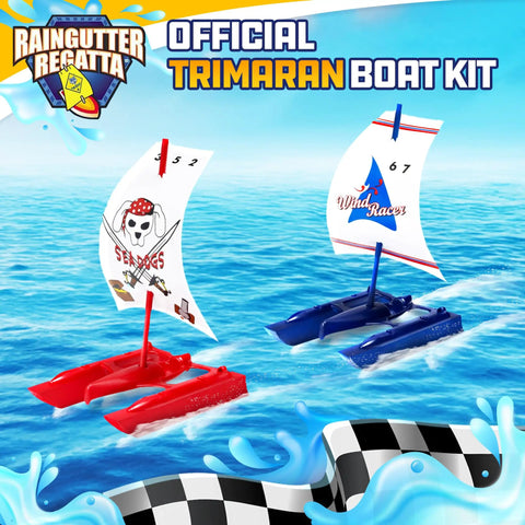 Trimaran Race Boat Kit for Raingutter Regatta, red and blue boats with pirate and wind racer sails in water