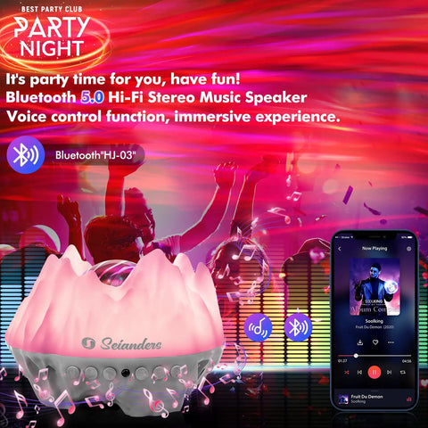 4 In 1 Northern Lights Aurora Projector With Bluetooth Speaker And White Noise Machine Galaxy Starry Sky Night Light For Kids And Adults Ceiling And Room Decor Perfect For Gaming Rooms Bedrooms And Living Rooms with pink glowing lights and Bluetooth feature displayed.