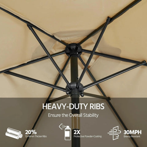 9 Ft Patio Umbrella With 22 Lb Base Included For Stable Outdoor Dining, showing heavy-duty ribs and sturdy structure underside.