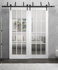 Sliding Glass 12 Lites Barn Bypass Closet Doors 84 By 96 Inches Matte White 3355 with couch visible through clear glass lites