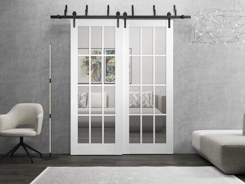 Sliding Glass 12 Lites Barn Bypass Closet Doors 84 By 96 Inches Matte White 3355 with couch visible through clear glass lites