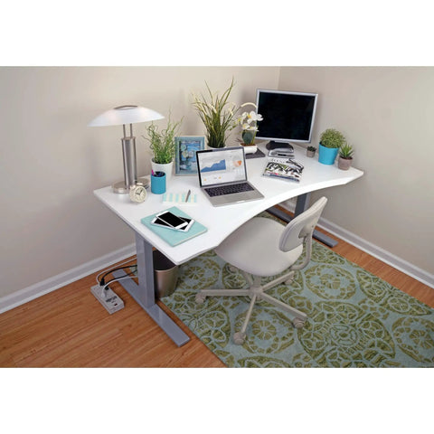 Six Outlet Surge Protector Power Strip With Six Foot Cord And Right Angle Plug For Home Office And Electronics Protection visible under desk