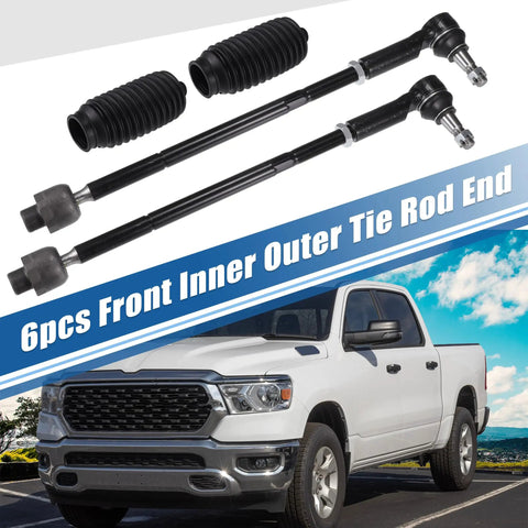 Six Piece Front Inner And Outer Tie Rod End Kit For Dodge Ram 1500 2006 2012 5 Lug Models Steering Linkage Replacement Drag Link OE ES80574 EV800098 Direct Fit, black