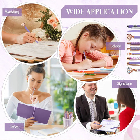 Collage showing uses of 9 Piece Ballpoint Pen Set With Metal Crystal Diamond Glitter Ink For Journaling Purple Pens For Home Office Desk Dope Stationery Gift For Women And Girls in different settings like wedding, school, office, and signature.