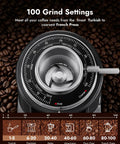 Game Changing 64 Mm Flat Burr Electric Coffee Grinder With 100 Adjustable Settings Precision Timer Anti Static Housing For Espresso French Press Smooth Stainless Steel Gunmetal Gray Finish close-up of grind settings dial