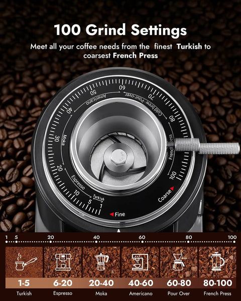 Game Changing 64 Mm Flat Burr Electric Coffee Grinder With 100 Adjustable Settings Precision Timer Anti Static Housing For Espresso French Press Smooth Stainless Steel Gunmetal Gray Finish close-up of grind settings dial