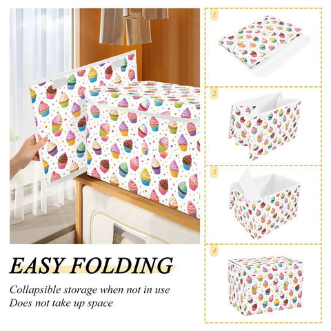 Badass Foldable Storage Bin With Heavy Duty Frame And Padded Handles For Home Organization 300D Oxford Fabric Clothes Cube showing colorful cupcake design and easy folding feature.