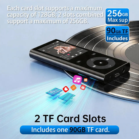 90GB MP3 Player With Bluetooth 5.3 Expandable To 256GB With Dual TF Card Slots on vinyl record background.