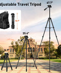 68 Inch Camera Tripod For Phone And Tablet, all heights shown including carry bag, outdoor background for travel context.