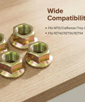 Top Shelf Drop In Lawn Mower Spindle Blade Nut Hex Flange Fastener With Rock Solid 5/8-18 Thread, 4 steel nuts on wooden surface.