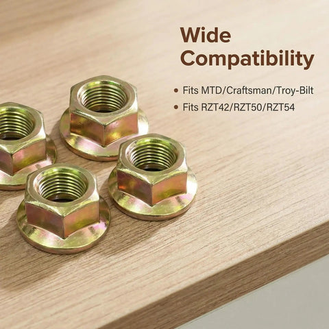 Top Shelf Drop In Lawn Mower Spindle Blade Nut Hex Flange Fastener With Rock Solid 5/8-18 Thread, 4 steel nuts on wooden surface.