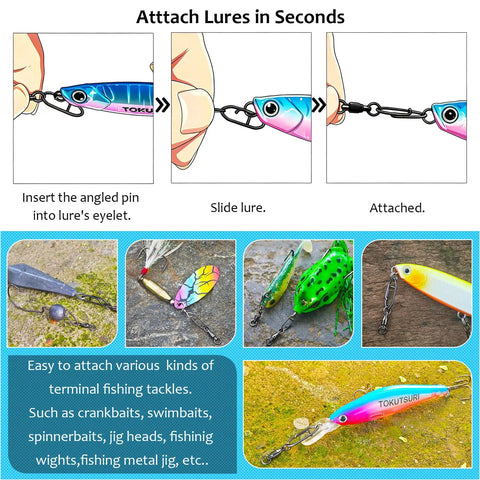 Ball Bearing Swivels With Fishing Speed Clips, 20 Lb Test, 25 Pack, Ultra Smooth Rotation To Prevent Line Twist And Quick Lure Changes, Heavy Duty Tackle Gear For Freshwater And Saltwater Angling shown attached to lure