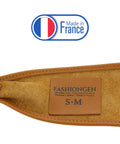 Women Italian Leather Obi Belt In Rich Camel Buttery Soft Full Grain Cowhide Wide Waist Sash For Midi Dresses And High Waisted Denim tag detail showing size S-M and Made in France label.