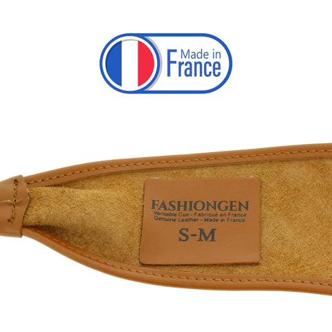 Women Italian Leather Obi Belt In Rich Camel Buttery Soft Full Grain Cowhide Wide Waist Sash For Midi Dresses And High Waisted Denim tag detail showing size S-M and Made in France label.
