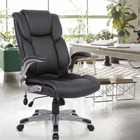 Comfy High Back Executive Office Chair With Inflatable Lumbar Support Padded Leather Ergonomic Comfort For Home Office Flip Up Arms Adjustable Tilt Lock And Smooth Swivel Black, shown in modern office setting.