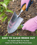 Garden Trowel With Serrated Edge And Four Inch Depth Marks, Stainless Steel Blade With Comfortable Wood Handle, V Shaped Sharp Edge For Planting And Weeding, Built For No Fuss Weeding being used to clear weeds
