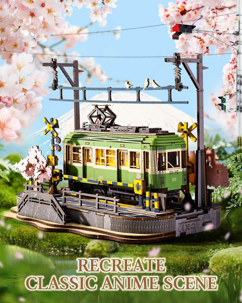 Sakura Journey Tram 3D Wooden Puzzle Kit For Adults 223 Pieces Hands On Model Car Building Set Chill DIY Craft Gift For Vintage Tram Lovers And Cherry Blossom Fans, green tram scene