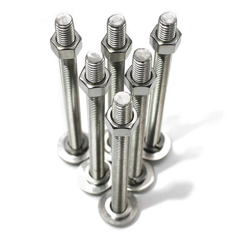 Stainless steel hex bolts with washers and nuts, upright cluster; fully threaded