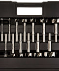Forstner Bit Set 14-Piece With Open-Tooth Design For Clean Fast Holes And Flat Bottoms in black storage case.