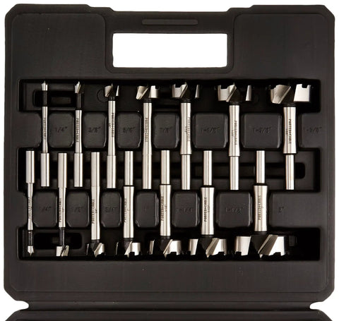 Forstner Bit Set 14-Piece With Open-Tooth Design For Clean Fast Holes And Flat Bottoms in black storage case.