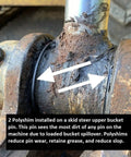 50mm Bucket Pin Shim For Excavators And Skid Steer Loaders, 3mm Thick Polyethylene Pin Shim installed on machinery, highlighted for reduction of pin wear and retention of grease.
