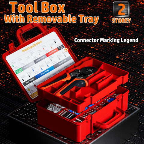 Self Adjusting Ratchet Wire Crimping Kit with 1750 Tinned Copper Ferrule Terminals in red toolbox with removable tray