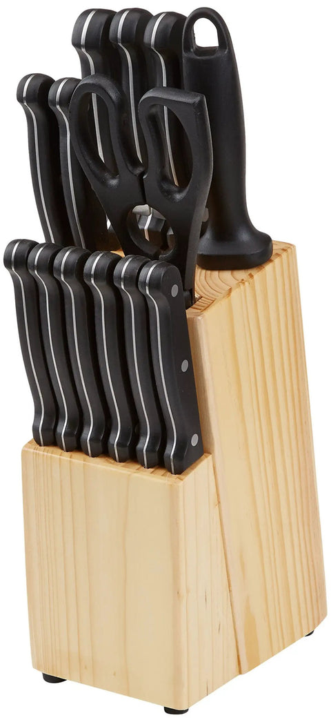 Full Tang 14 Piece Kitchen Knife Set With High Carbon Stainless Steel Blades And Hella Grippy Handles Six Screaming Sharp Steak Knives Solid Pinewood Block Kitchen Shears And Quick Sharpener For Top Shelf Home Chef Action