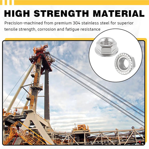 Killer Grade M6 Serrated Flange Nuts 100 Pack Built Hella Tough From Rust Free 304 Stainless Steel Heavy Duty Hexagon Bolts with machinery in background.