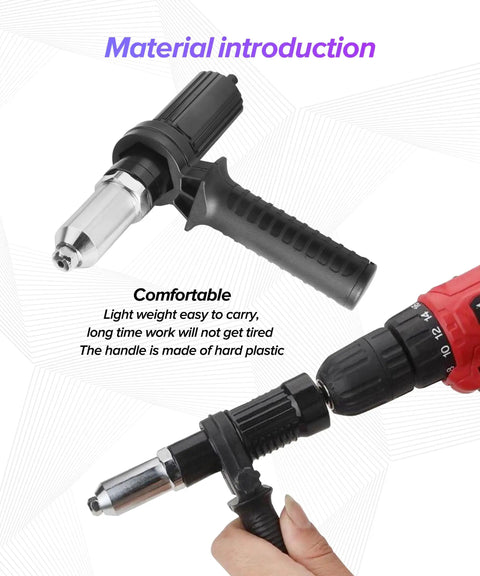 All In One Universal Rivet Gun Kit For Cars And Home Use Cordless Drill Rivet Adapter with hard plastic handle shown in use.