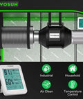 Six Inch Inline Fan Kit with Speed Controller and Carbon Filter for Grow Tent Ventilation, 390 CFM, shown with monitor