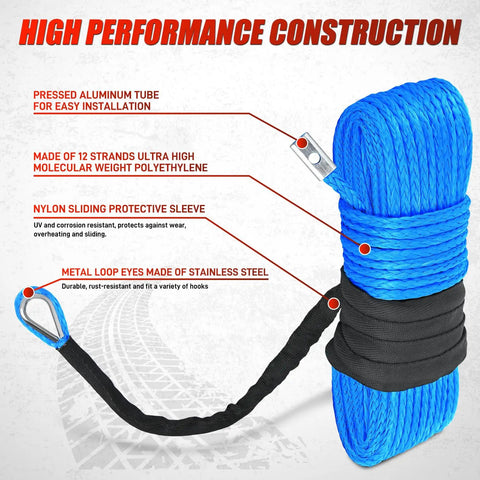 Quarter Inch Fifty Foot Synthetic Heavy Duty Winch Rope for ATV UTV 4x4 Off Road Vehicles 9000 Lb Capacity With Steel Hook