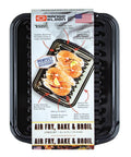 Heavy Duty Porcelain Air Fry Bake and Broil Pan Set, 16 By 12.75 Inch, Drains Grease, Dishwasher Safe, Safe to 1025F, Made in USA, Grillin Ready Air Fryer Oven Accessory for Indoor and Outdoor Grills, 2-Piece packaging with salmon display