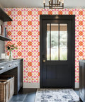 Badass Geometric Retro Floral Peel And Stick Wallpaper Roll Residue Free Self Adhesive Wall Covering in entryway, 17.7x118 inches.