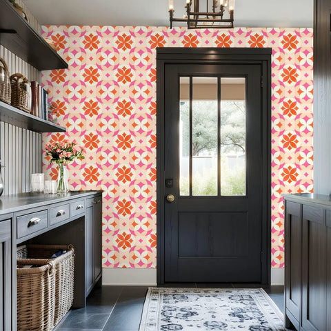 Badass Geometric Retro Floral Peel And Stick Wallpaper Roll Residue Free Self Adhesive Wall Covering in entryway, 17.7x118 inches.