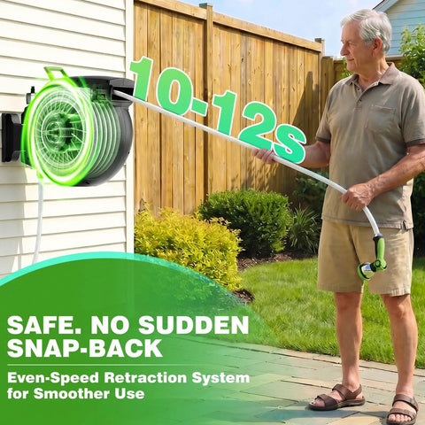 Man using Retractable Garden Hose Reel 100 ft Half Inch Wall Mounted Auto Rewind with Tangle Free Guide in backyard