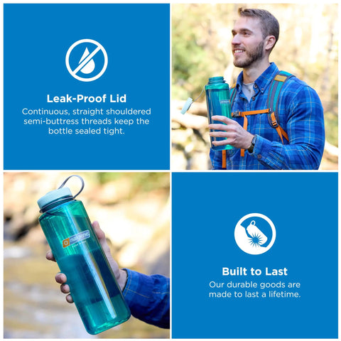 Person outdoors holding a 48 Oz Wide Mouth Silo Water Bottle BPA Free Durable Leak Proof Large Capacity for Hiking, Gym, and Sports.