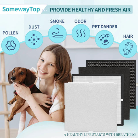 Woman holding dog next to Replacement Filter Kit For MinusA2 Purifiers With H13 HEPA Odor Remover Activated Carbon And Pre Filter