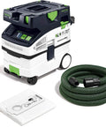 Ct Midi I HEPA Bluetooth Dust Extractor with auto start and touch control, green hose and filter bag, shown for easy cleanup on jobsite.
