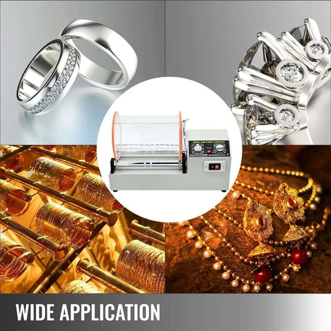 580W Tumbler Polishing Machine With 24Lb Drum, Mini Rotary Jewelry Polisher shown with jewelry and craft applications