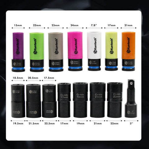 20 Piece One Half Inch Drive Lug Nut Socket Set Color Coded By Size With Thin Wall Non Marring Six Point Impact Lug Extractor Kit