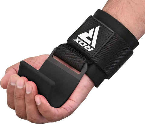 Weight Lifting Hooks For Deadlifts And Pull Ups, 600 Lb Capacity, 8mm Neoprene Wrist Wraps, Adjustable Grip Enhancer visible on wrist