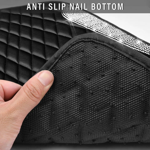 Premium Bling Diamond Leather Car Mats With Sparkly Rhinestone Edges Anti Slip Waterproof Universal Fit For Daily Drive Dope Ride Flex In Black Silver showing anti-slip nail bottom design.