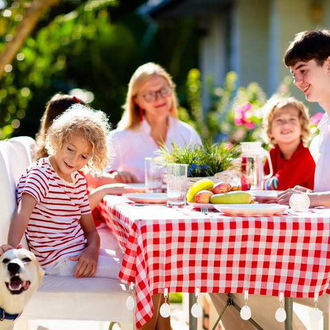 Family enjoying outdoor meal with 24 Piece Teardrop Tablecloth Weights With Marble Pendant Stones And Metal Clips For Outdoors, Marble Teardrop Table Cover Weights Hangers For Picnic, Parties, Backyard BBQs, White
