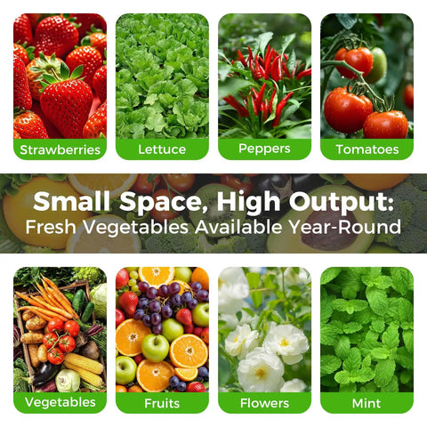 Collage of strawberries, lettuce, peppers, tomatoes, vegetables, fruits, flowers, and mint showcasing potential of Vertical Hydroponic Grow Tower With 12 Tiers And 60 Holes 6.6 Gallon Indoor Garden System With Water Pump And Auto Circulation Easy Space Saver Kit For Homegrown Leafy Greens Herbs And Strawberries.